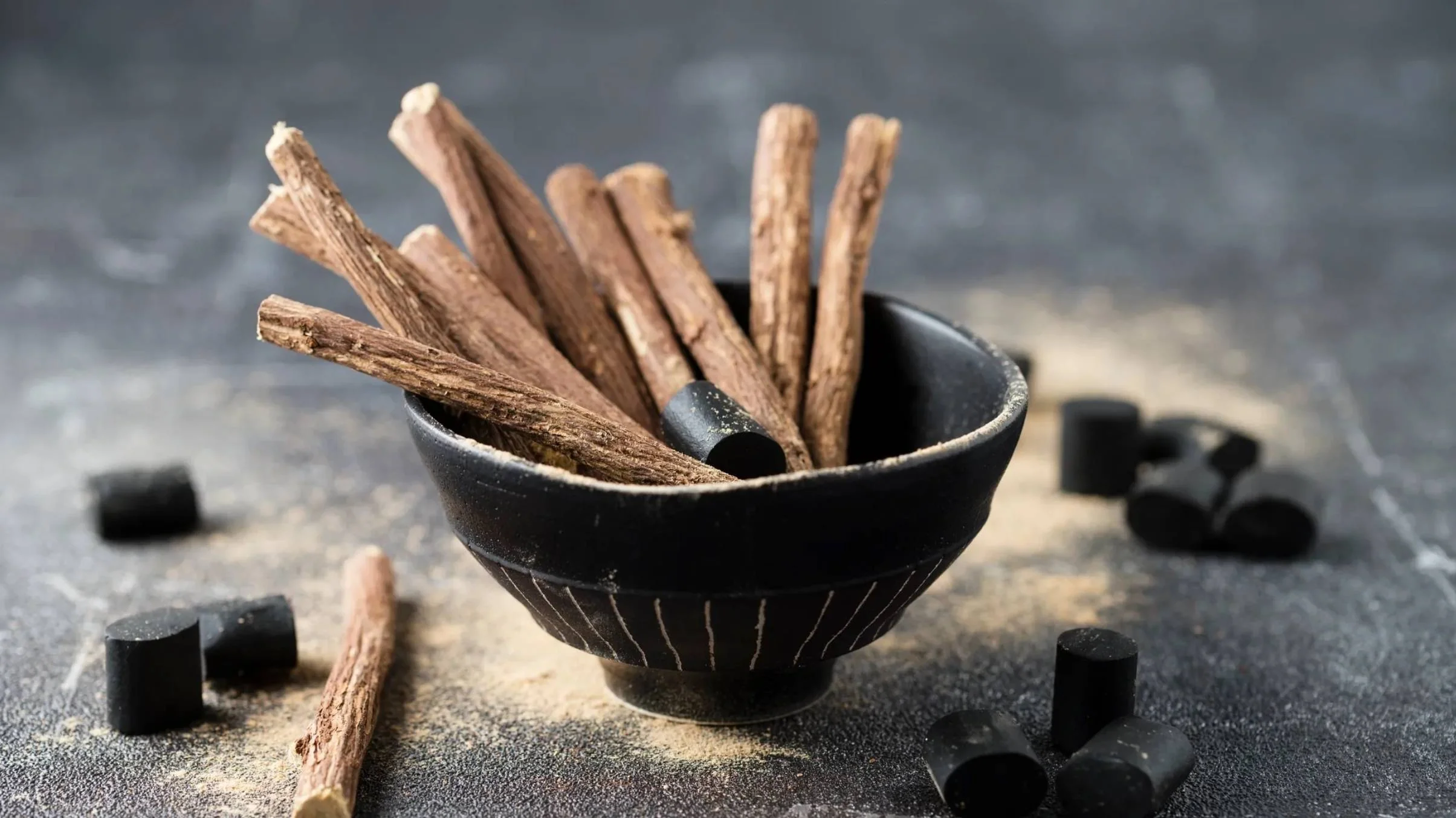 Dried licorice root, commonly used in traditional Chinese herbal medicine.